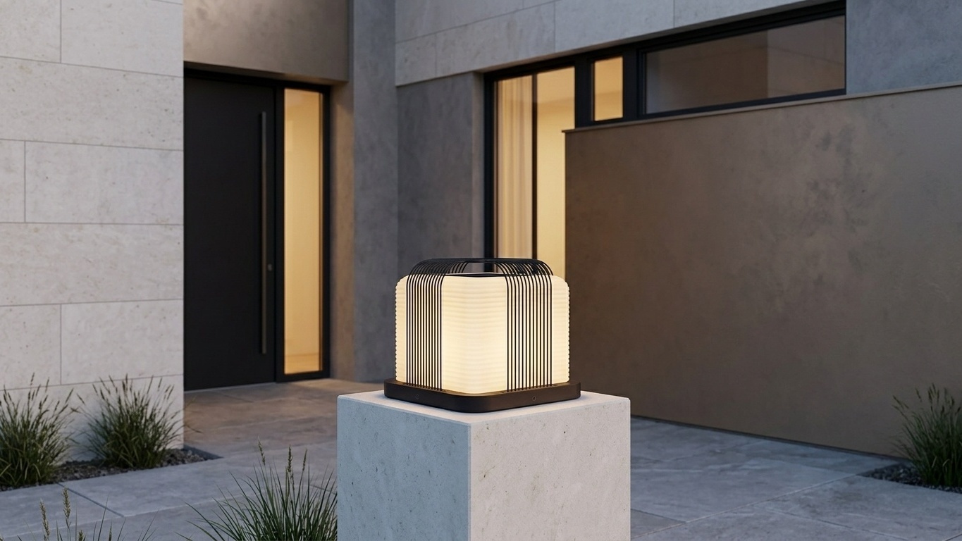 CAGEA post cap light on a boundary post in a modern garden visualization