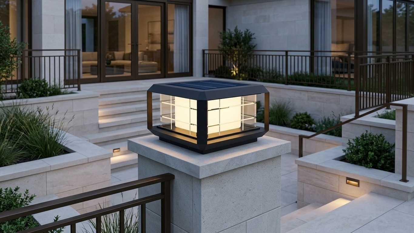BLOCIA post cap light on an entrance pillar beside steps in an application visualization