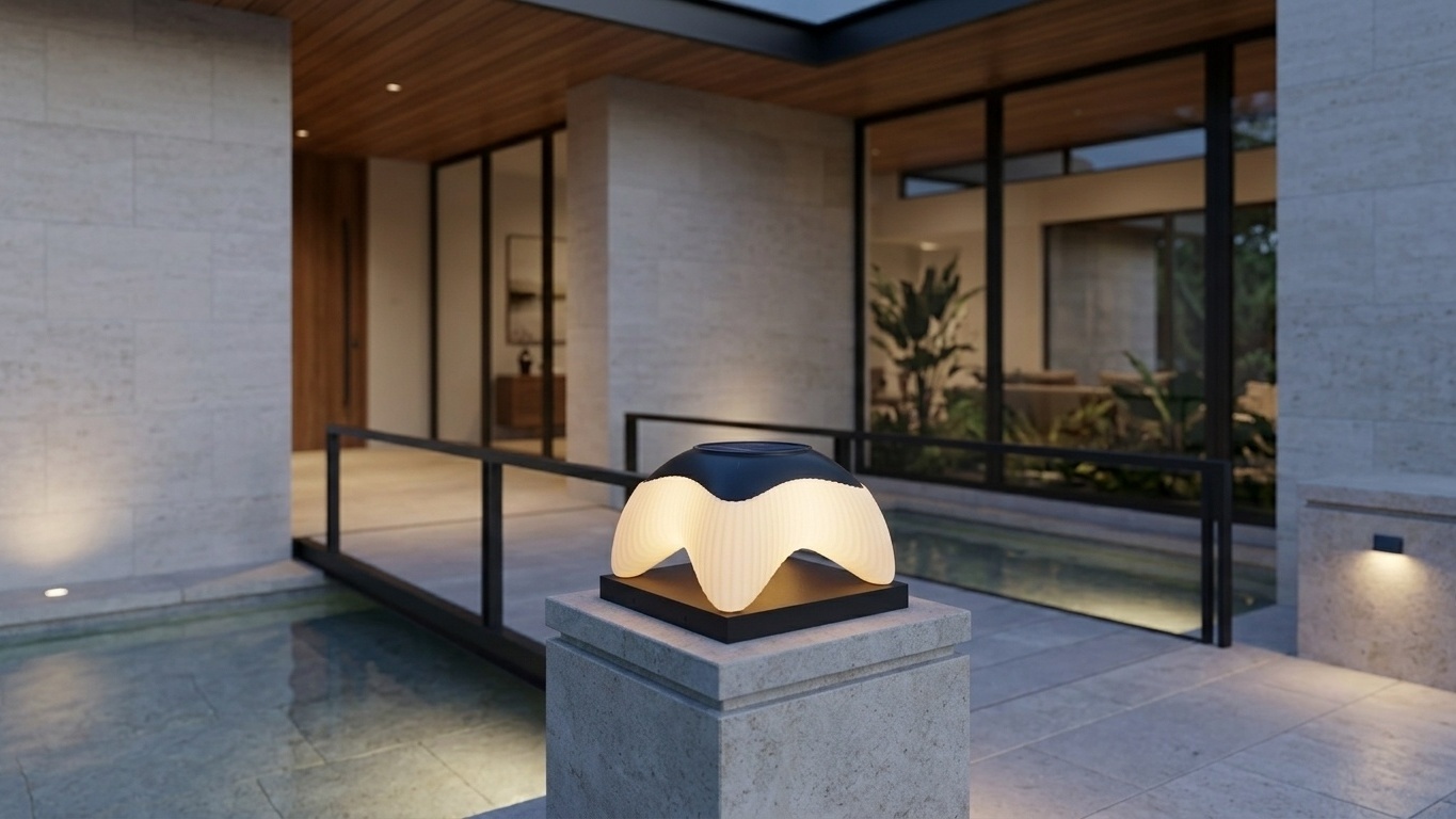 NERUMA post light on an entrance pillar beside railings in an application visualization